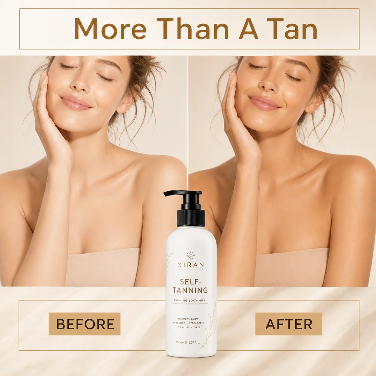 A before and after comparison of a woman using a self-tanning product, showing a natural tan with the product bottle in focus.